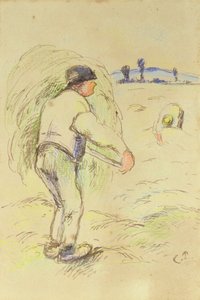 農民の干し草作り、1884年（紙と紙とインク） 作： Camille Jacob Pissarro